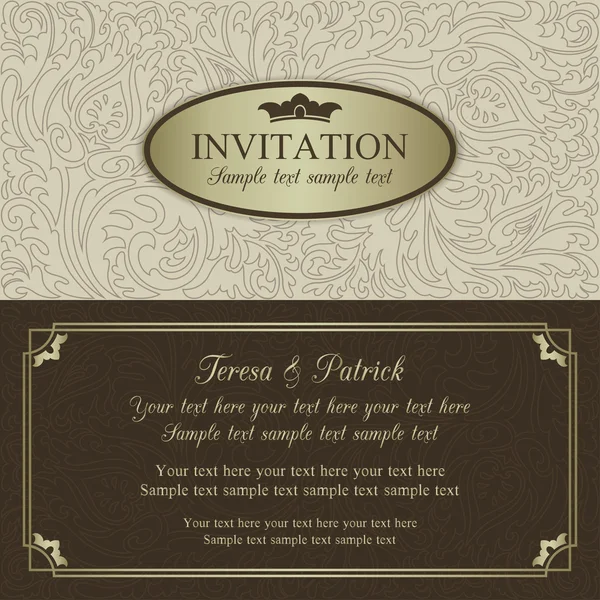 Invitación de boda barroca, beige, marrón y oro — Vector de stock