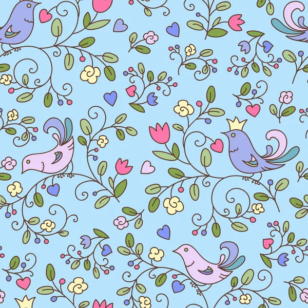 Natuur patroon met bloemen en vogels — Stockvector