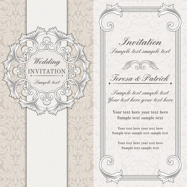 Invitación de boda barroca, gris y beige — Vector de stock