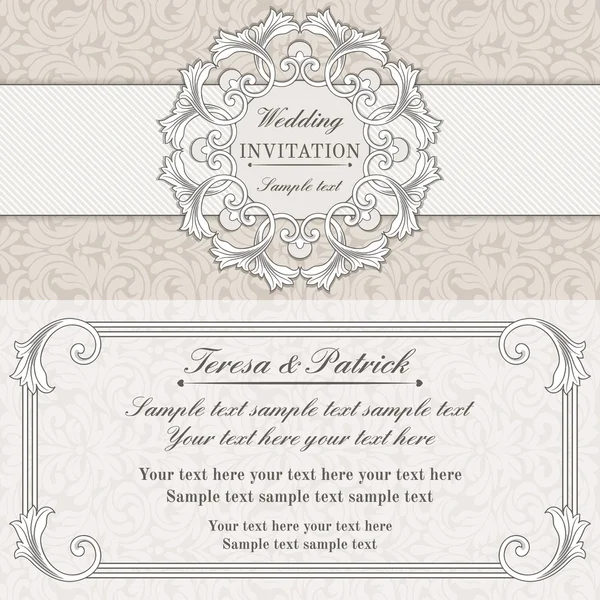 Invitación de boda barroca, gris y beige — Vector de stock