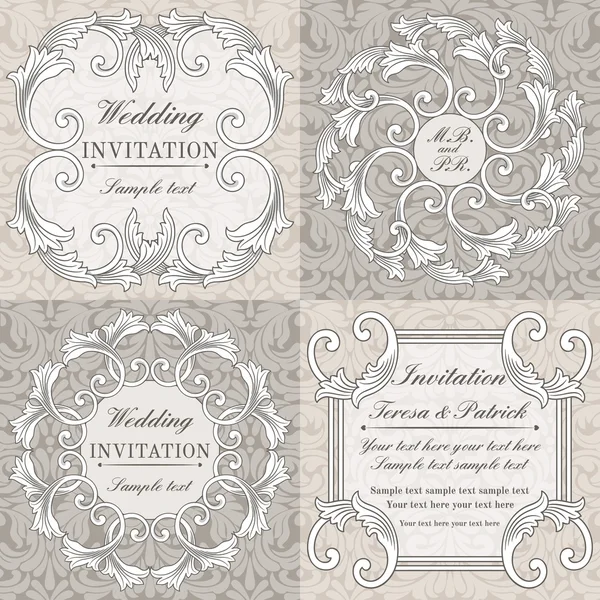 Baroque wedding invitation set, grey and beige — Stockový vektor