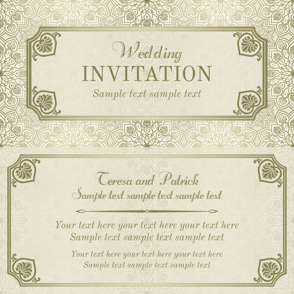 Convite de casamento barroco, ouro e bege — Vetor de Stock