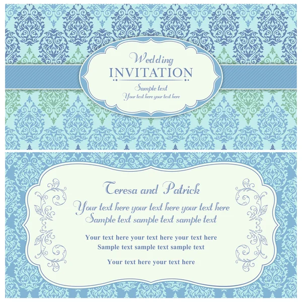 Baroque wedding invitation, blue and green — Stock Vector