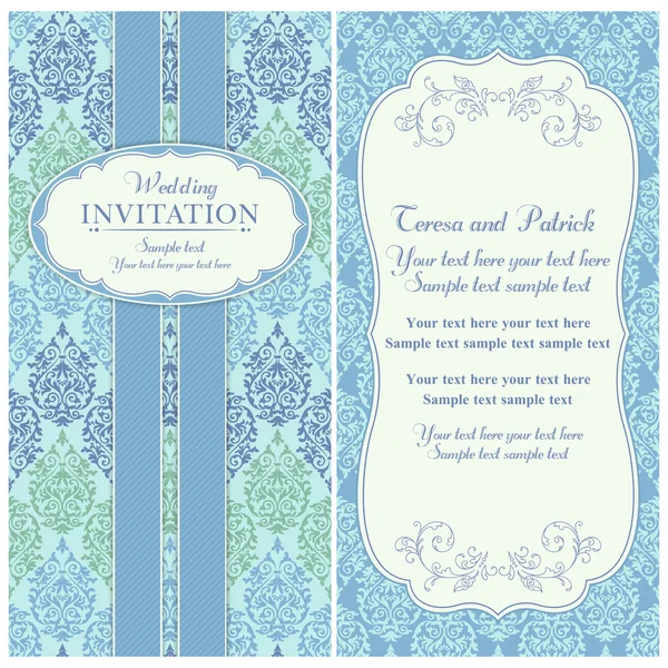 Convite de casamento barroco, azul e verde — Vetor de Stock