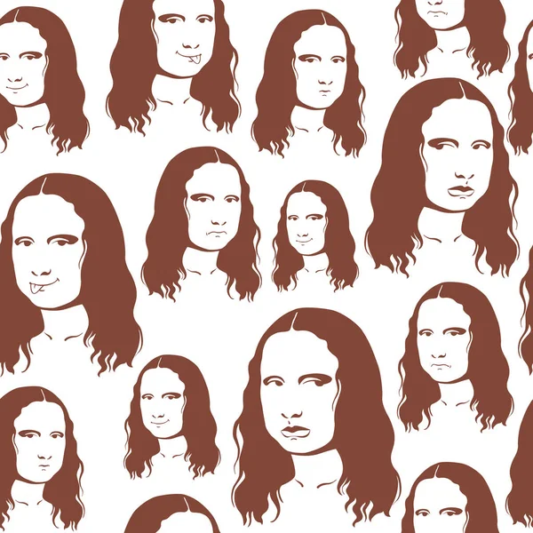 Seamless Pattern Image Mona Lisa Faces Flat Style White Background — ストックベクタ