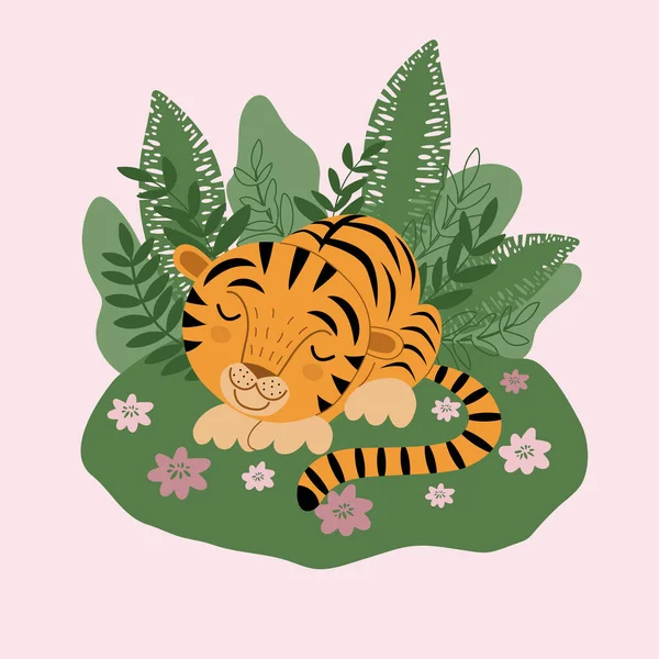 Funny Sleeping Tiger Cub Background Tropical Leaves Vector Illustration Pink — Stock Vector
