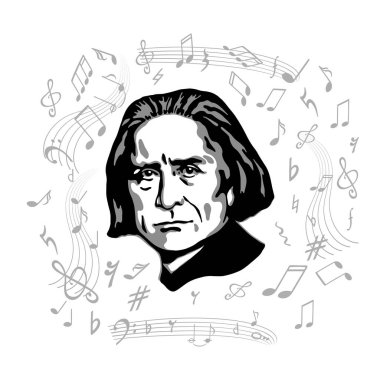 Vector portrait of composer and musician Franz Liszt. Hungarian-German conductor, pianist, teacher, publicist, major representative of musical romanticism. A world famous personality.