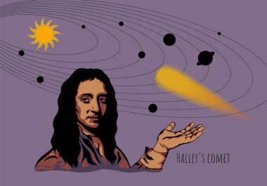Bir İngiliz astronom, fizikçi, matematikçi ve meteorolojistin soyut vektör portresi. Bir bilim adamının yüzü, elleri mor arkaplanda. Edmond Halley 'in yıldönümü. Güneş sistemi ve kuyruklu yıldız.