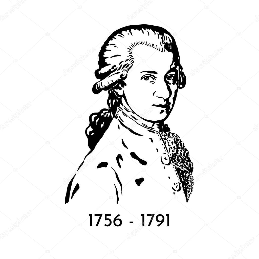 Wolfgang Amadeus Mozart is a great Austrian composer and musician. Vector portrait in the style of engraving on a white background. Classical music. Celebrity anniversary.