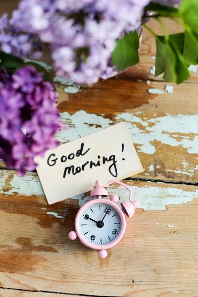 Two tone Lilac flowers with Good Morning note — Stock Photo, Image