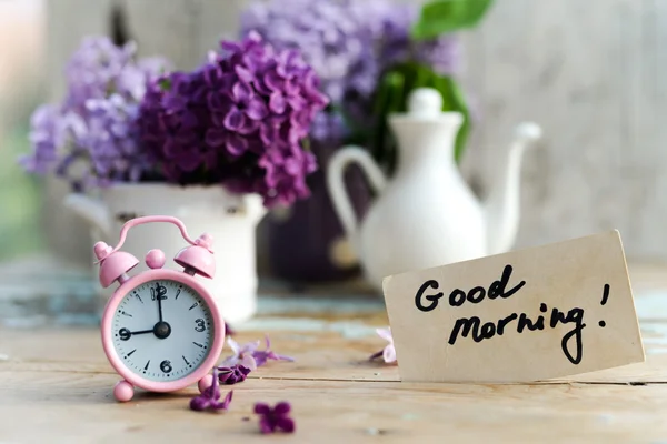 Two tone Lilac flowers with Good Morning note — Stock Photo, Image