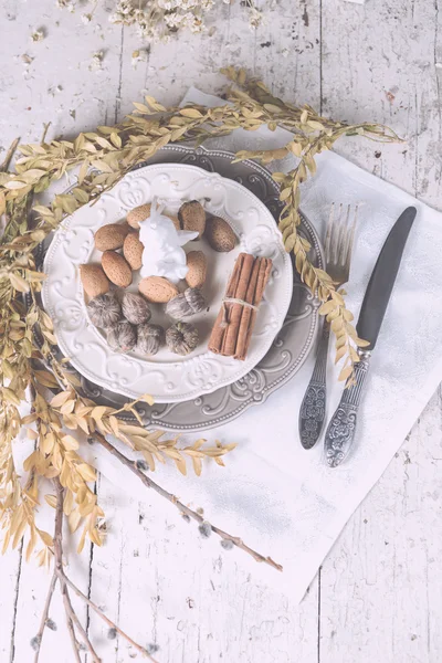 Christmas decoration table servise with almonds, cutlery and oth — Stock Photo, Image