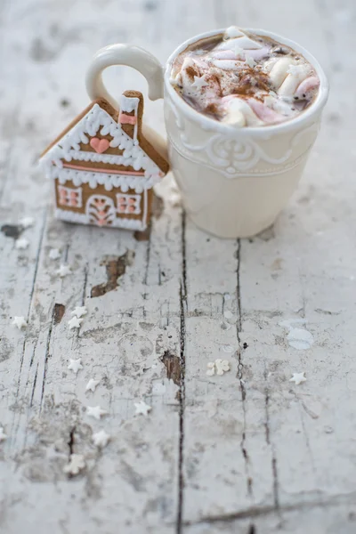 Cocoa mug with marshmallows and ginger cookie winter dream — Stock Photo, Image