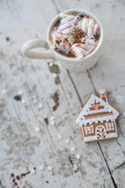 Cocoa mug with marshmallows and ginger cookie winter dream — Stock Photo, Image