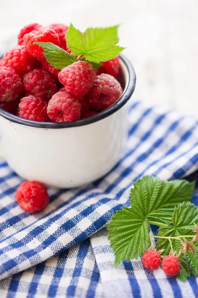 Raspberries in an enamel cup — Stock Photo, Image