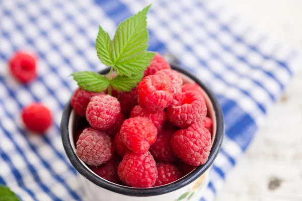 Raspberries in an enamel cup — Stock Photo, Image