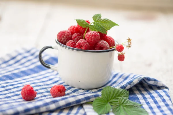 Raspberries in an enamel cup — Stock Photo, Image