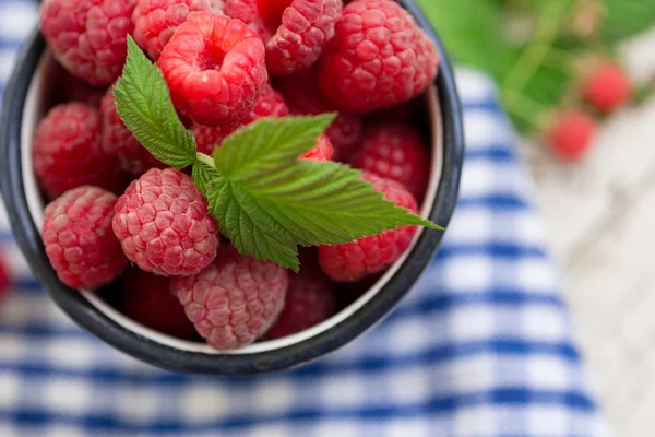 Raspberries in an enamel cup — Stock Photo, Image