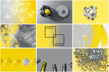 Çeşitli fotoğrafların kolajı. Parlatıcı sarı ve nihai gri renkler.