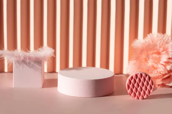 Geometrik şekilli mercan pembe podyumu ve çiçek arkaplan tek renkli tüy sahnesi