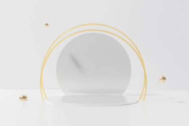 3D, parlak altın metalik halkalar ve uçan kürelerle beyaz renkte podyum.