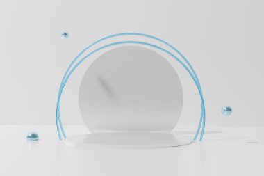 3D beyaz renkte, parlak mavi metalik halkalar ve uçan kürelerle podyum.