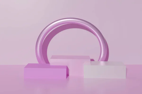3D renkte pembe küp podyumları parlak metalik halkalı.