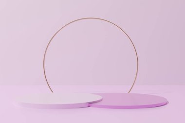3D Pembe renkte, parlak altın metalik yüzüklü podyumlar