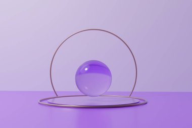 Altın yüzüklü, yuvarlak bir kürsüde mor kristal kürenin 3D görüntüsü.