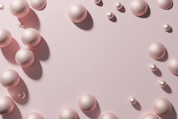 3D在浅粉粉红的背景上渲染粉红的砂、金属球和珠子框架 — 图库照片