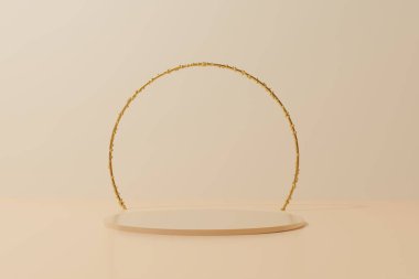 3D bej renginde, küreli, parlak altın metalik yüzüklü podyum.