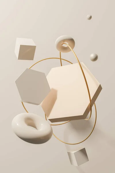 3D bej, fildişi renkli, altın yüzüklü, geometrik desenler.