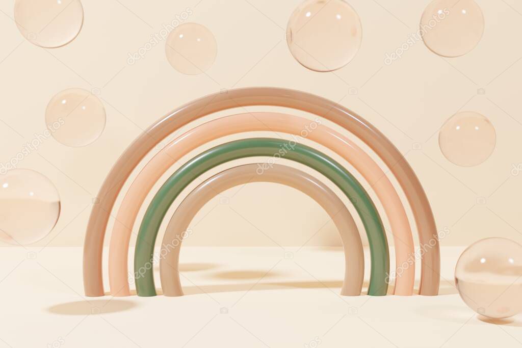 3d render of plastic modern rainbow with flying glass balls on a beige background