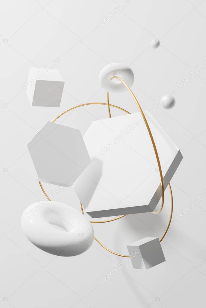 3d render white colored geometric schapes with golden rings