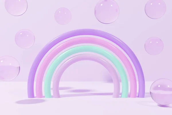 3d renderização de plástico moderno arco-íris com bolas de vidro voador em um fundo roxo — Fotografia de Stock