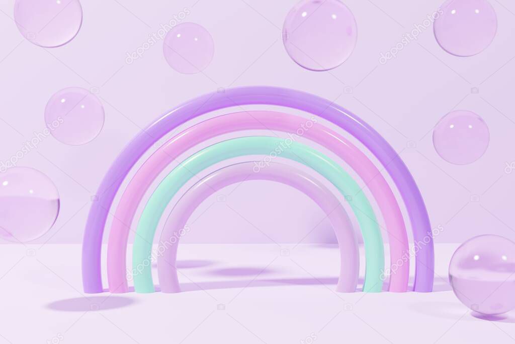 3d render of plastic modern rainbow with flying glass balls on a purple background