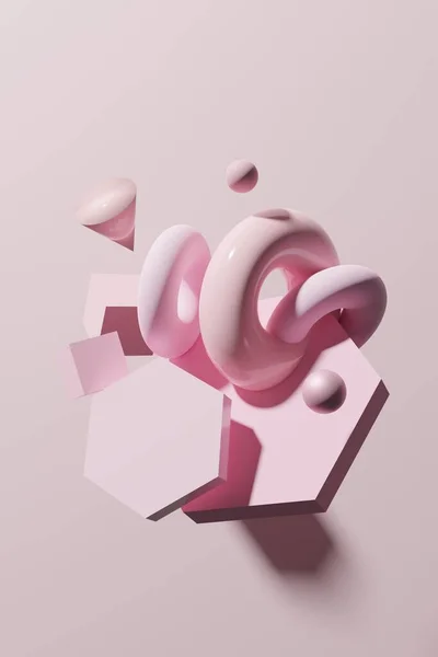 3d render of composition of pink geometric shapes like hexagons, cubes, sheres and donuts — Stock Photo, Image