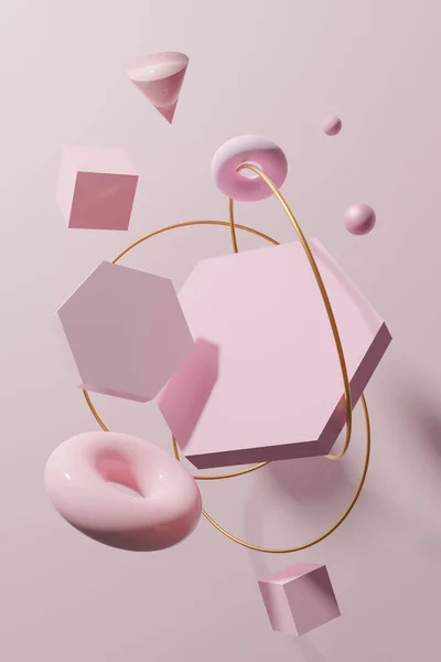 3D renkte, altın yüzüklü pembe geometrik desenler.
