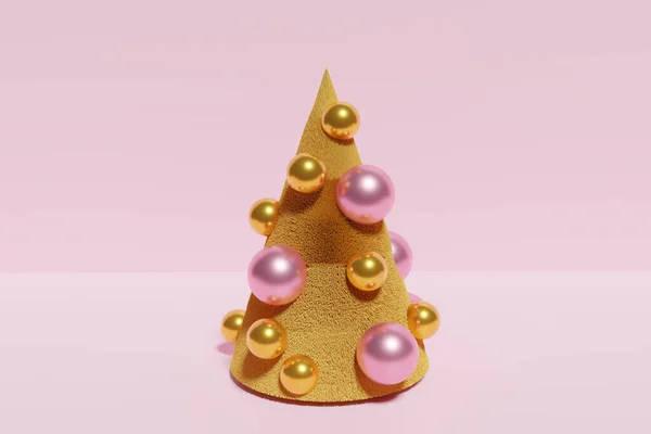 3d renderizado de árbol de Navidad artificial de oro con bolas de color rosa y oro sobre un fondo rosa pastel —  Fotos de Stock