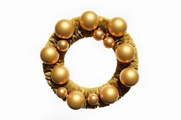 3d weergave van goud Kerst krans met glanzend goud kerstballen op een witte achtergrond — Stockfoto