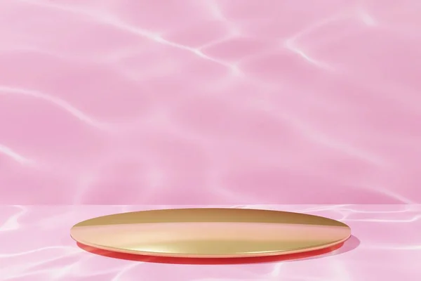 3D візуалізація золотого круглого металевого подіуму в рожевому басейні, як обстановка — стокове фото