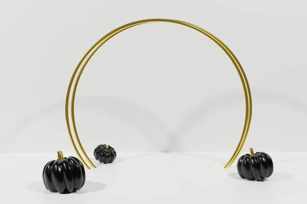 3d render gold ring podium with black pumpkins on white background