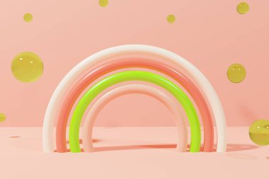 3D eğlenceli modern yaz gökkuşağı mercan arka planda uçan kürelerle.