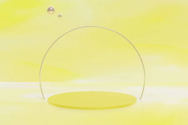 3d render of yellow podium with gold arch ring and flying spheres on a yellow background — Stock Photo, Image