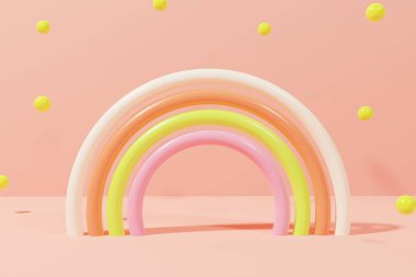 3D eğlenceli modern yaz gökkuşağı mercan arka planda uçan kürelerle.