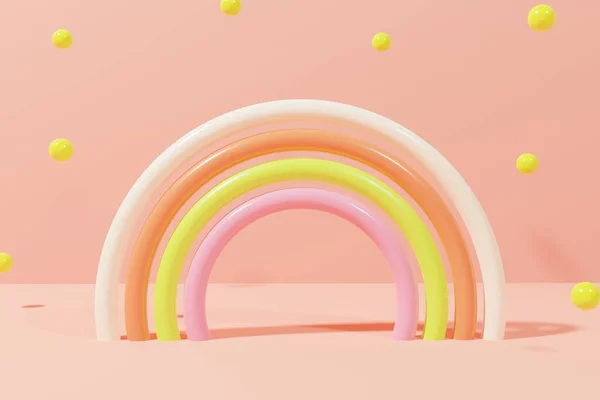 3d render de diversão moderna verão arco-íris em um fundo de coral com esferas voadoras — Fotografia de Stock