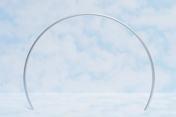 3d render of a silver ring arch with a cloudy sky scene background — Stock Photo, Image