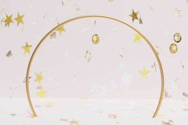 3d renderização de um arco anel de ouro com ouro caindo confete sobre fundo rosa — Fotografia de Stock