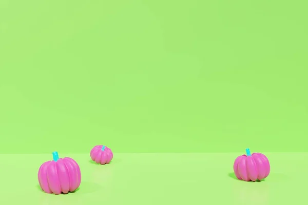 3d renderizado de calabazas de color neón rosa y azul sobre un fondo verde —  Fotos de Stock