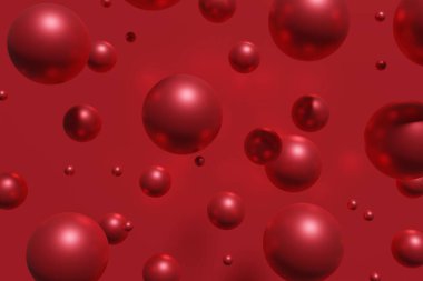 Kırmızı arka planda uçan kırmızı noel kürelerinin 3D görüntüsü